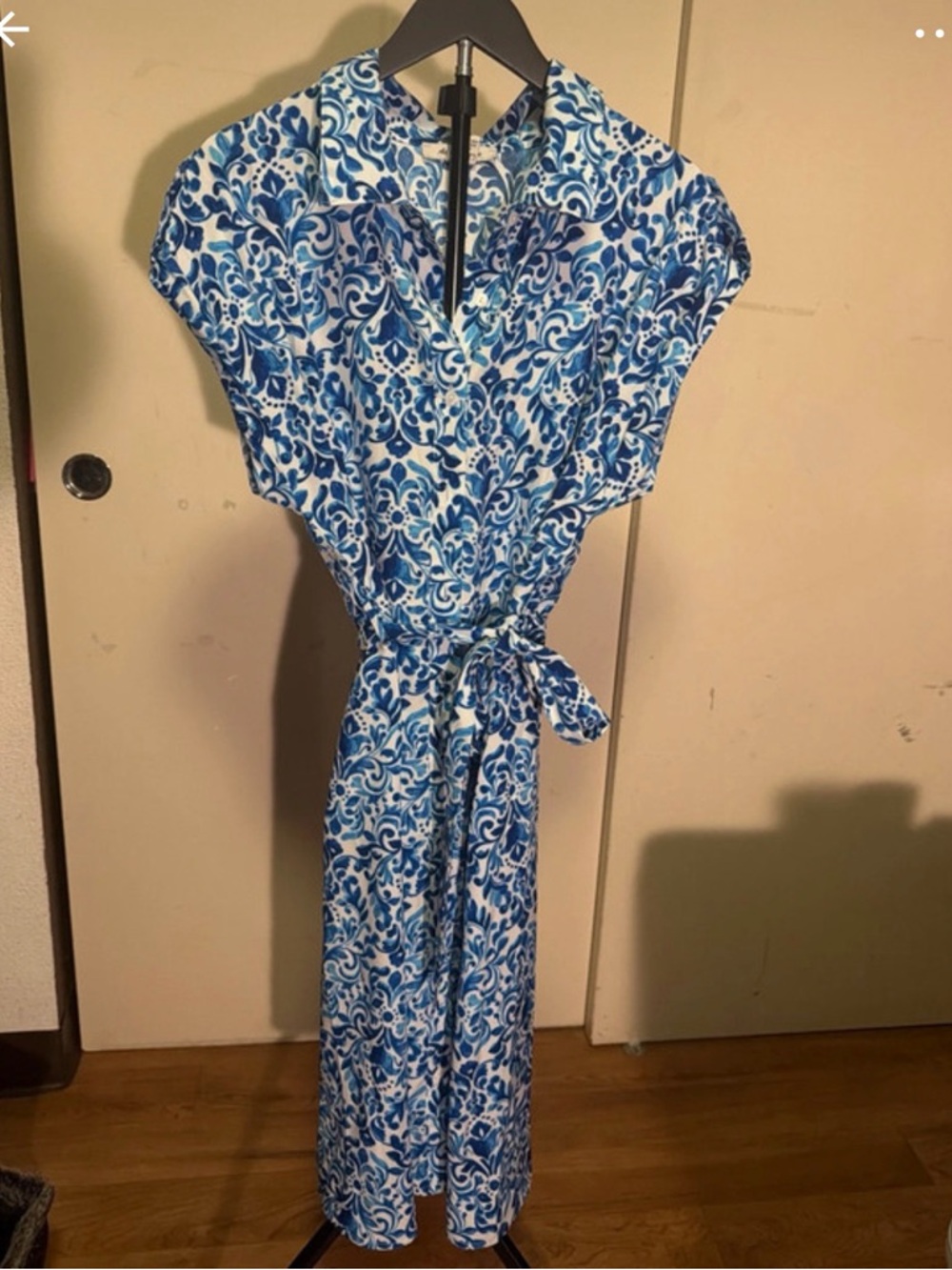 Blue & White Printed Midi Dress with Tie Waist